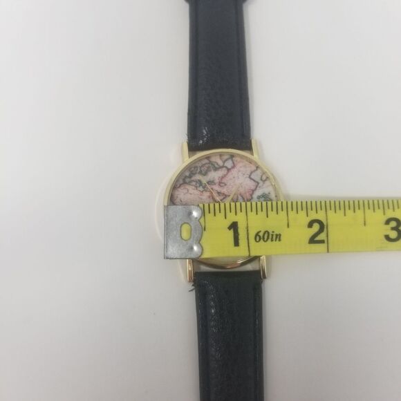 World Map Fashionable Vintage Inspired Gold Bezel Black Faux Leather Wristwatch - Picture 8 of 9